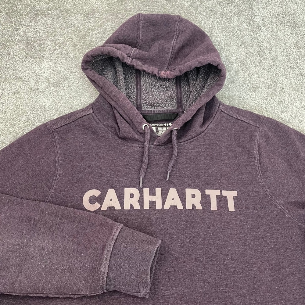 Carhartt Hoodie Womens XL Relaxed Fit Purple Sherpa Lined Logo Pullover Workwear